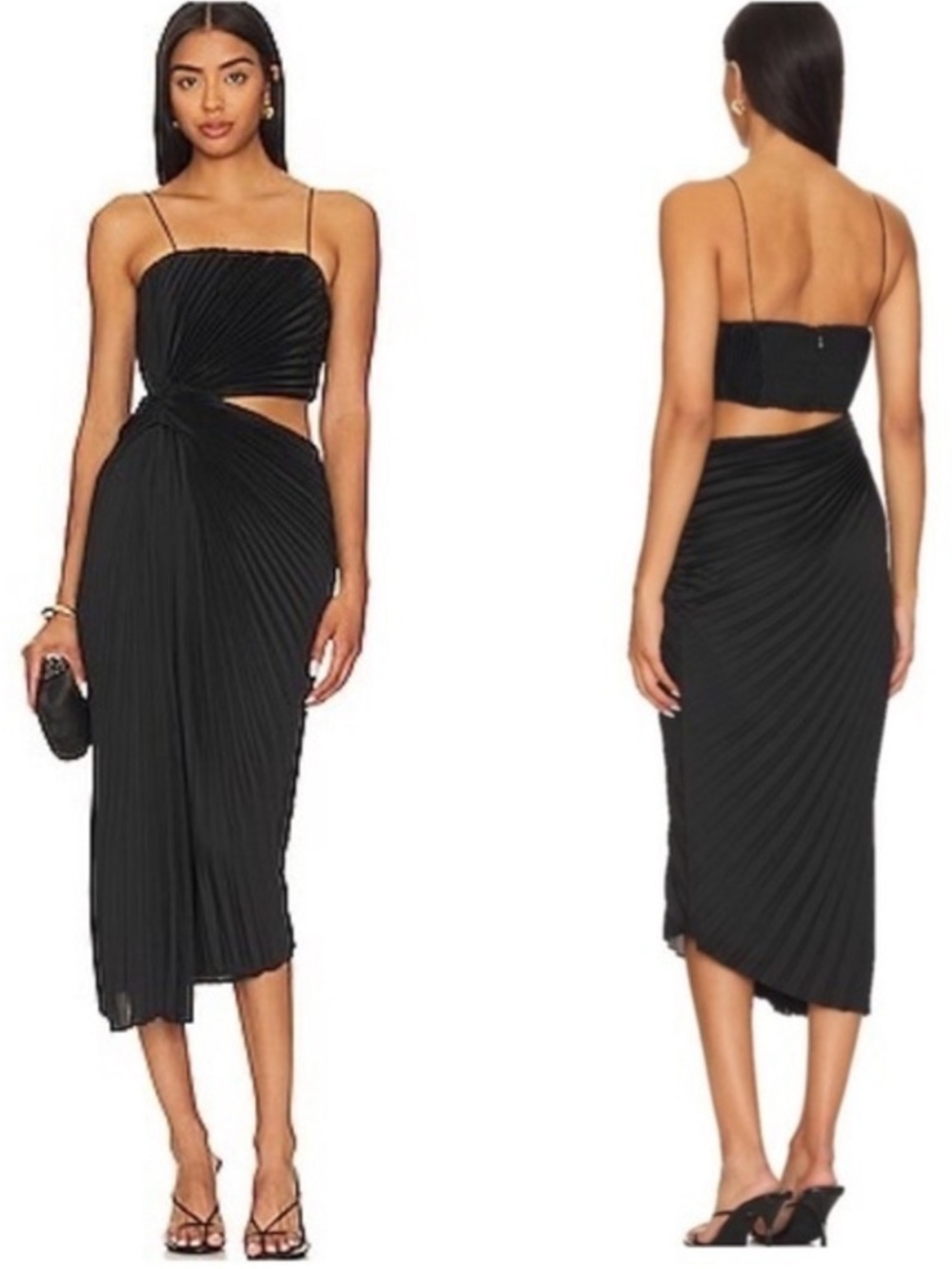 Alice + Olivia Black Pleated Cut-Out Midi Skirt with Spaghetti Straps